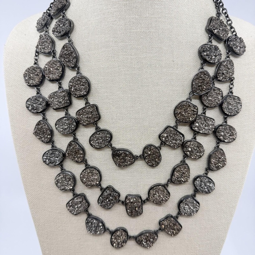 Gunmetal Druzy Style Triple Strand Necklace Gray Sparkle Statement Jewelry Gift